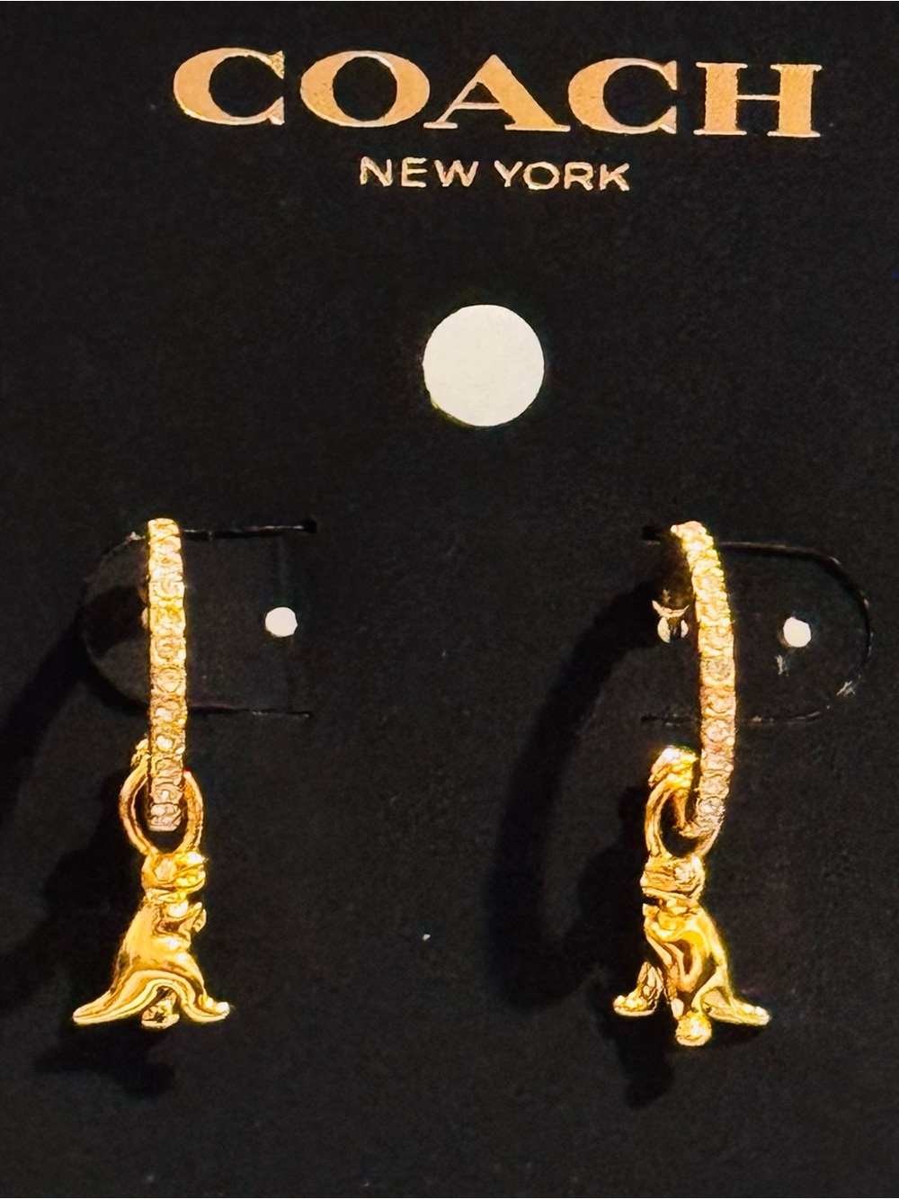 Coach Gold Pave Crystal Rexy Dinosaur Charm Huggie Drop Earrings NWT